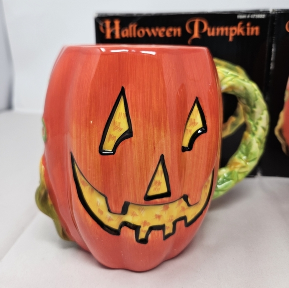 Halloween Pumpkin Ceramic Mugs Set Of 2 Susan Winget 22 FL. Oz Autumn fall Feel - Picture 3 of 9